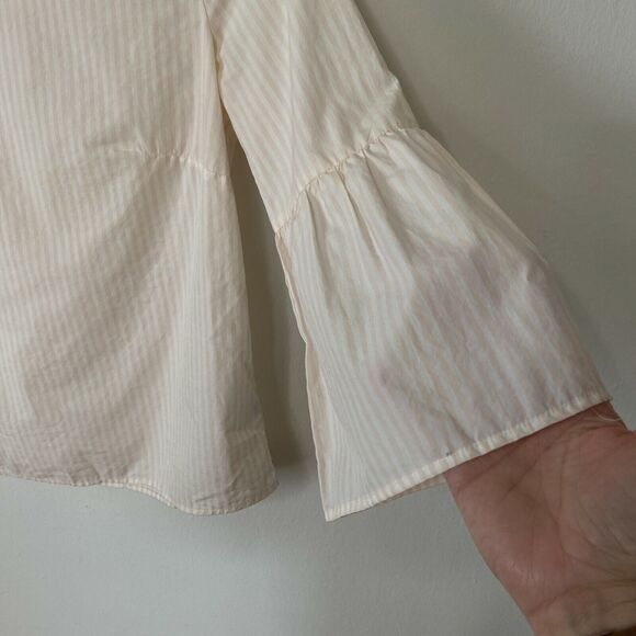 Madewell Apricot Ivory Poplin Stripe Ruffle Bell Sleeve Keyhole Back Blouse XS - Picture 5 of 9
